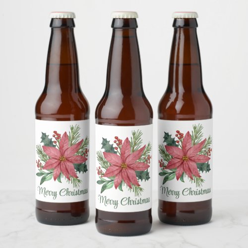 Merry Christmas Party Poinsettia Red Floral  Beer Bottle Label