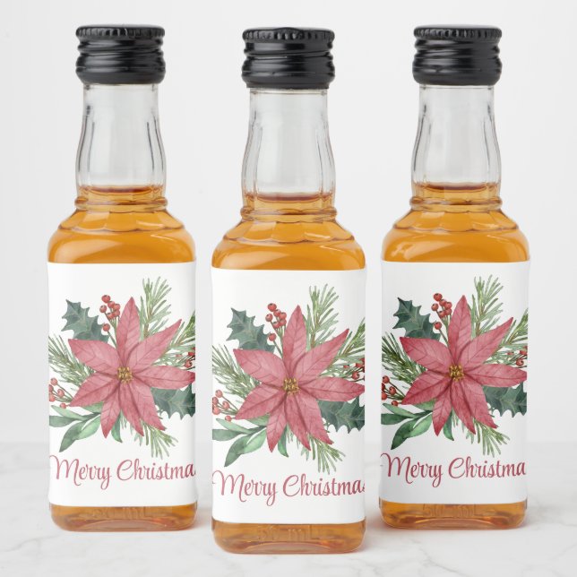 Merry Christmas Party Poinsettia Red Floral  Liquor Bottle Label (Bottles)