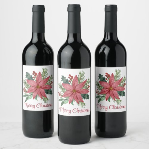 Merry Christmas Party Poinsettia Red Floral  Wine Label