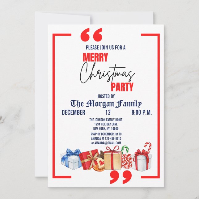 Merry Christmas Party, Red Blue White Christmas  Invitation (Front)