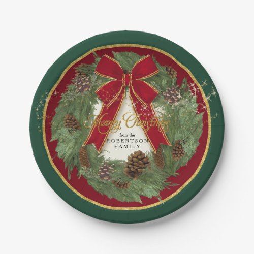 Merry Christmas Party Red Bow Pine Cone Wreath Paper Plates