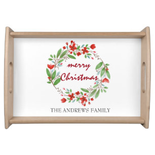 Merry Christmas Party Red Greenery Wreath Custom Serving Tray