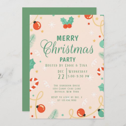 Merry Christmas Party with Holly and Ornaments Invitation