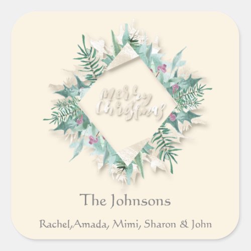 Merry Christmas Paste Mint Ivory Holidays Frame 3D Square Sticker