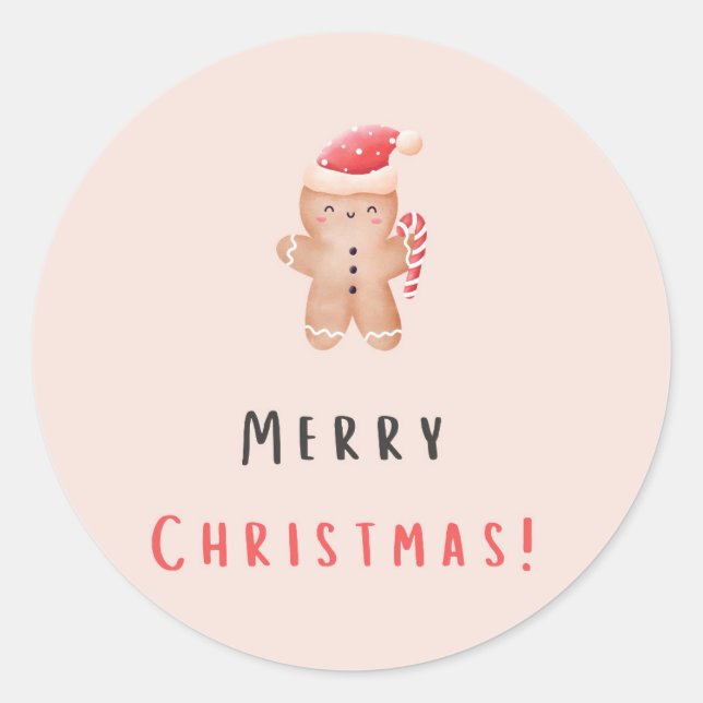Merry Christmas Pastel Pink Gingerbread Classic Round Sticker (Front)