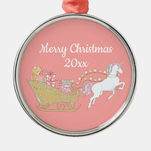 Merry Christmas Pastel Pink Unicorn Santas Sleigh Metal Ornament