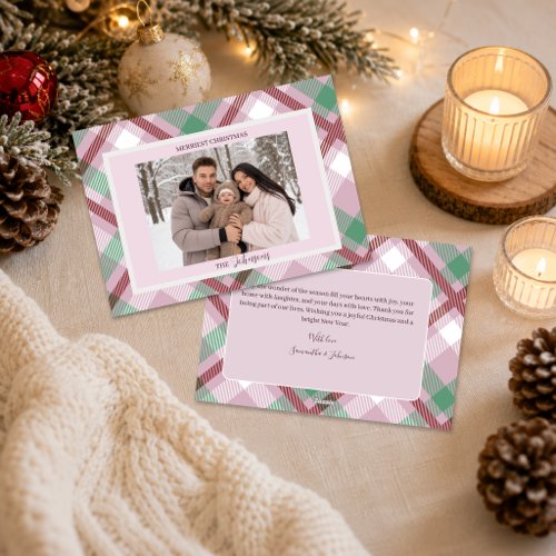 Merry Christmas Pastel Plaid Family Photo Holiday Card