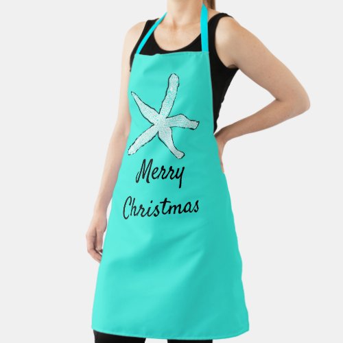 Merry Christmas Pastel Teal Blue Beach Starfish Apron