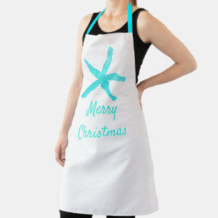 Merry Christmas Pastel Teal Blue Starfish White Apron