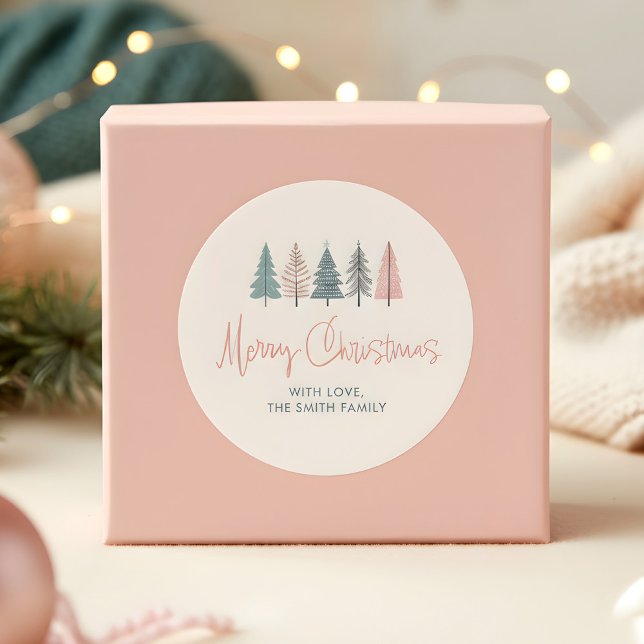 Merry Christmas Pastel Tree Classic Round Sticker (Creator Uploaded)