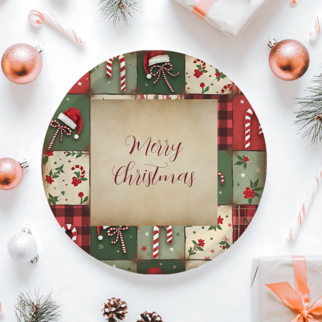 Merry Christmas Patchwork Holiday Paper Plate (Creator Uploaded)
