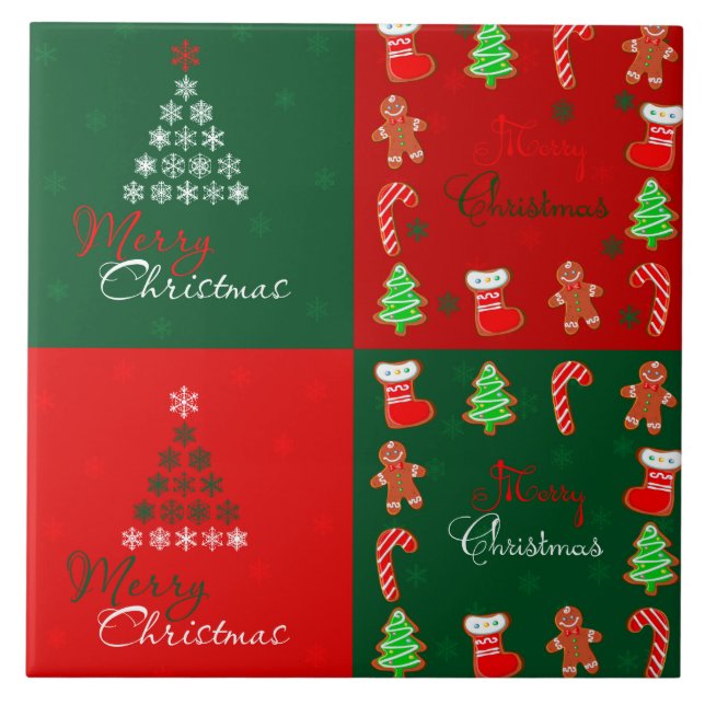 Merry Christmas Patchwork in Winter Green and Red Ceramic Tile (Front)