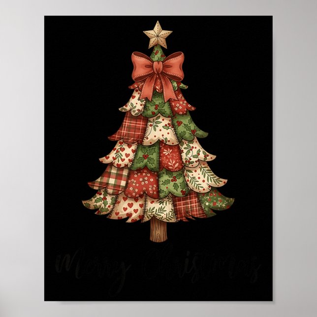 Merry Christmas Patchwork Xmas Tree Family Men Wom Poster (Front)