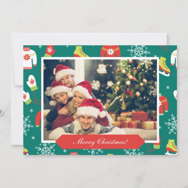 Merry Christmas Pattern Family Photo Teal Card  (Front)