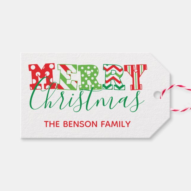 Merry Christmas Pattern Personalized Gift Tags (Front (Horizontal))