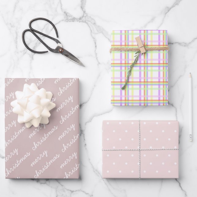 Merry Christmas Pattern Rainbow Blush Pastel Wrapping Paper Sheets (Front)