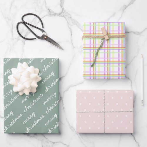 Merry Christmas Pattern Rainbow Blush Pastel Wrapping Paper Sheets