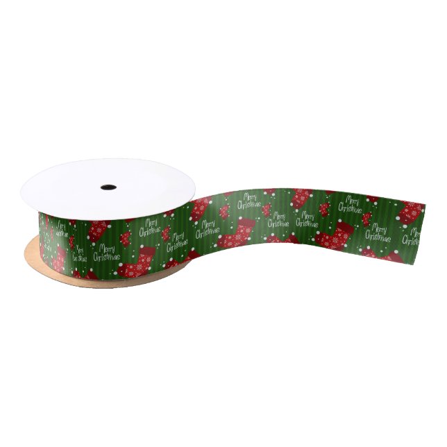 Merry Christmas Pattern Red  And Green Satin Ribbon (Spool)