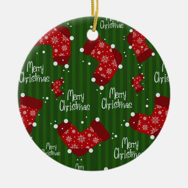 Merry Christmas Pattern Red White And Green Ceramic Ornament (Front)