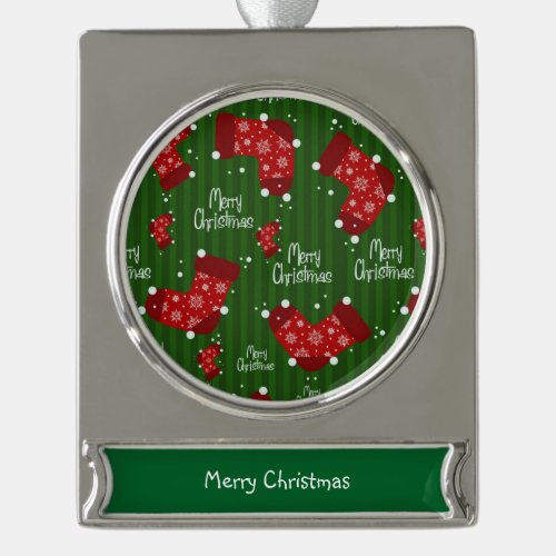 Merry Christmas Pattern Red White And Green Silver Plated Banner Ornament