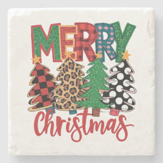 Merry Christmas Pattern Trees Stone Coaster