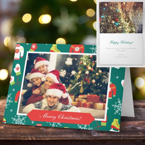 Merry Christmas Pattern Two Family Photo Christmas Card