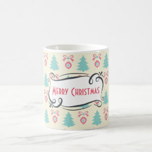 Merry Christmas Pattern with Trees Baubles & Bows Coffee Mug