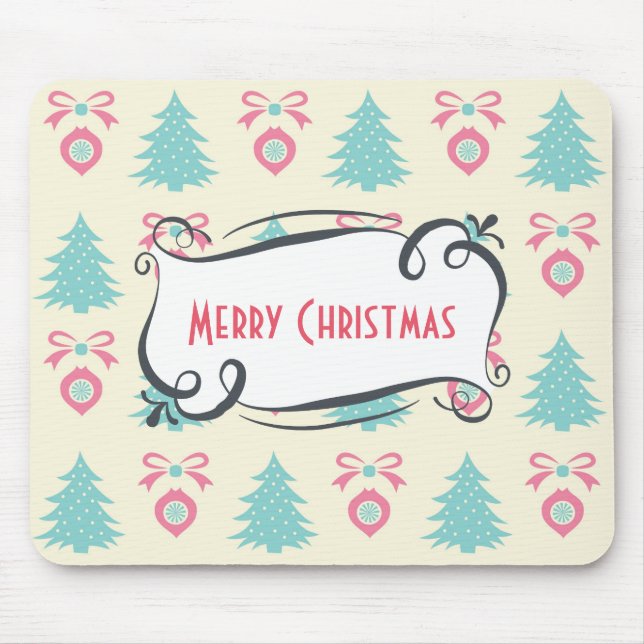 Merry Christmas Pattern with Trees Baubles & Bows Mouse Pad (Front)