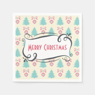 Merry Christmas Pattern with Trees Baubles & Bows Paper Napkin