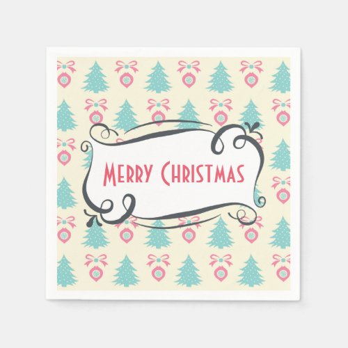 Merry Christmas Pattern with Trees Baubles  Bows Paper Napkins