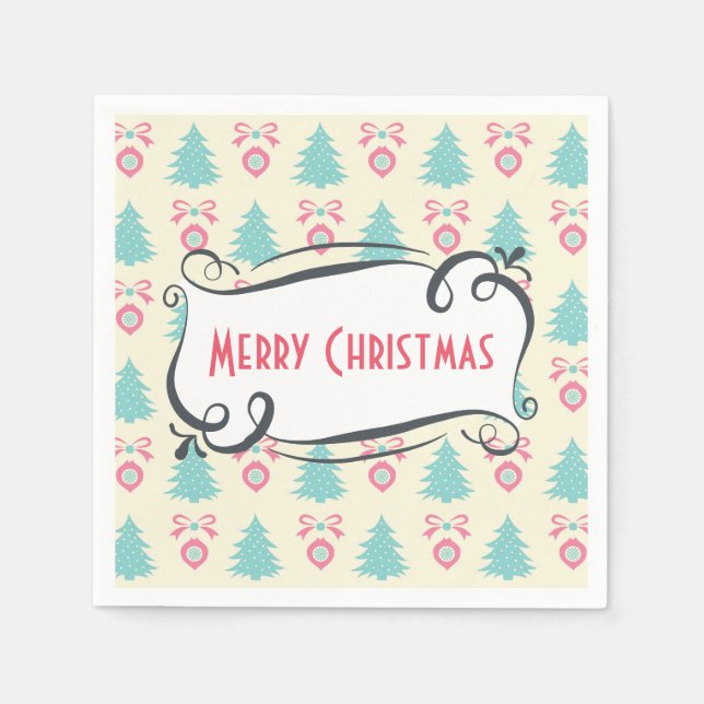 Merry Christmas Pattern with Trees Baubles & Bows Paper Napkins (Front)