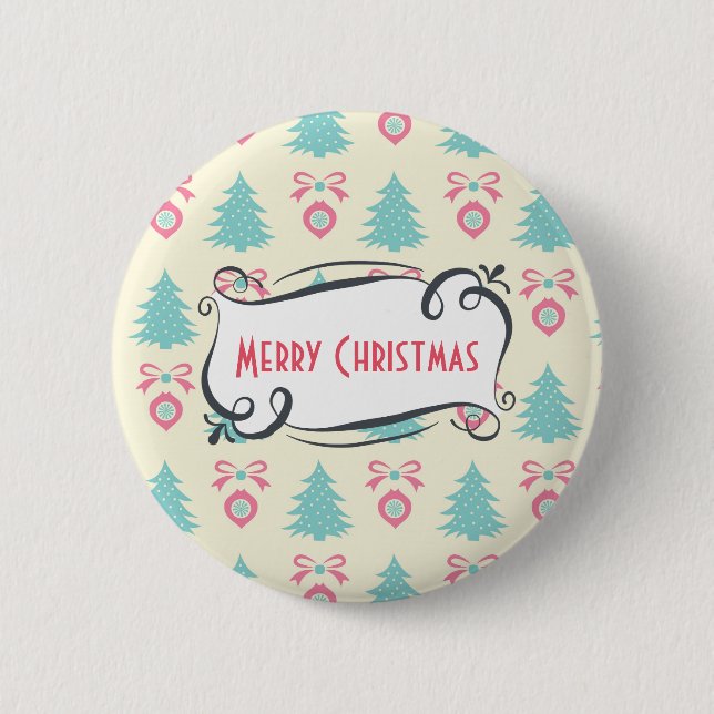 Merry Christmas Pattern with Trees Baubles & Bows Pinback Button (Front)