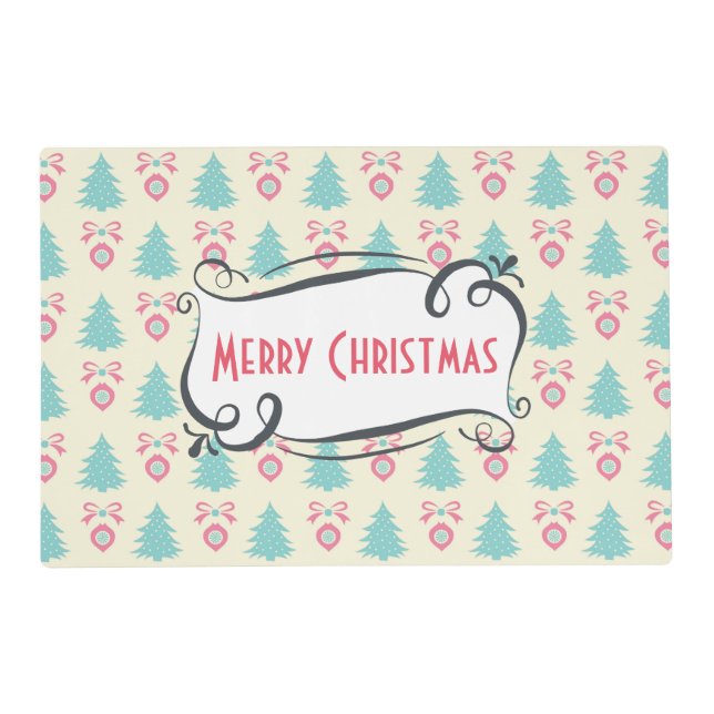 Merry Christmas Pattern with Trees Baubles & Bows Placemat (Front)