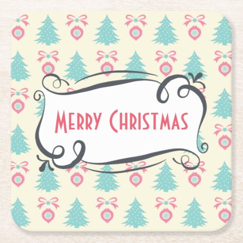 Merry Christmas Pattern with Trees Baubles  Bows Square Paper Coaster