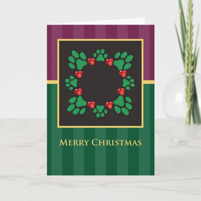 Merry Christmas Paw Print Wreath Greeting Card