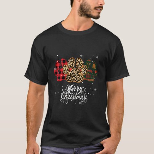 Merry Christmas Paw Red Plaid Leopard Print Ugly S T_Shirt