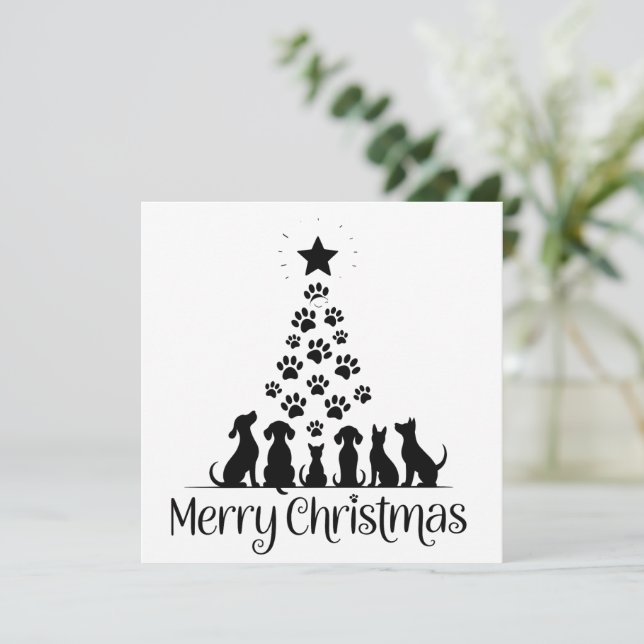 Merry Christmas Paw Tree Dog Lover Cat Lover Mom Holiday Card (Standing Front)