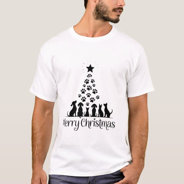 Merry Christmas Paw Tree Dog Lover Cat Lover Mom T-Shirt (Front)