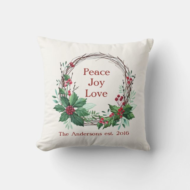 Merry Christmas Peace Joy Love Holly Wreath Rustic Throw Pillow (Front)