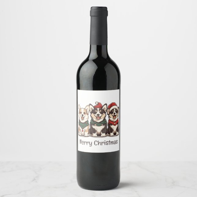 Merry Christmas Pembroke Welsh Corgi Dogs Wine Label (Front)