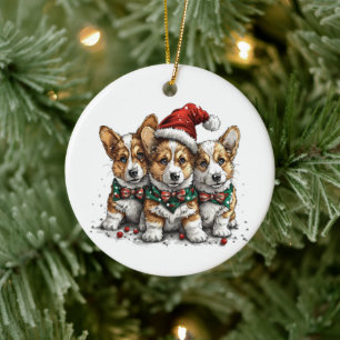 Merry Christmas Pembroke Welsh Corgi Puppies Ceramic Ornament
