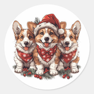 Merry Christmas Pembroke Welsh Corgi Puppies Classic Round Sticker