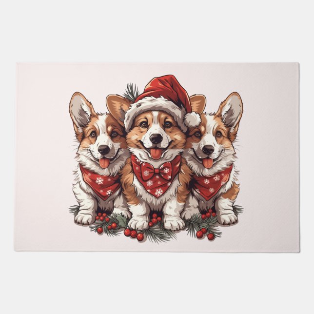 Merry Christmas Pembroke Welsh Corgi Puppies Doormat (Front)
