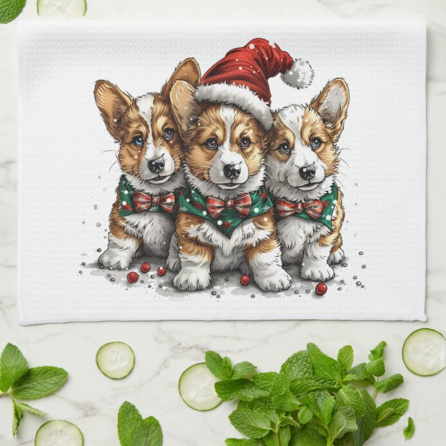 Merry Christmas Pembroke Welsh Corgi Puppies Kitchen Towel (Folded)