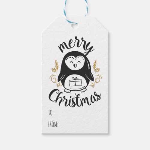 Merry Christmas Penguin Cartoon Text Template Gift Tags