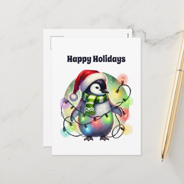 Merry Christmas penguin customizable  Holiday Postcard (Front/Back In Situ)