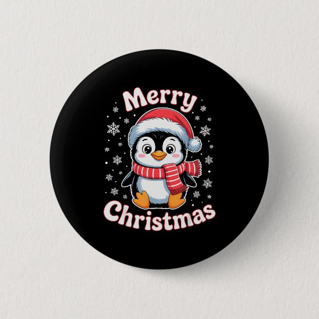 Merry Christmas Penguin Cute Santa Hat Snowflake H Button (Front)
