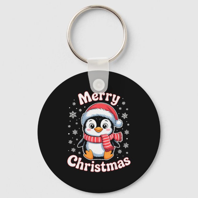 Merry Christmas Penguin Cute Santa Hat Snowflake H Keychain (Front)