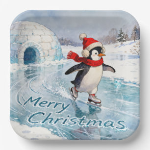 Merry Christmas Penguin Ice Skating Paper Plates