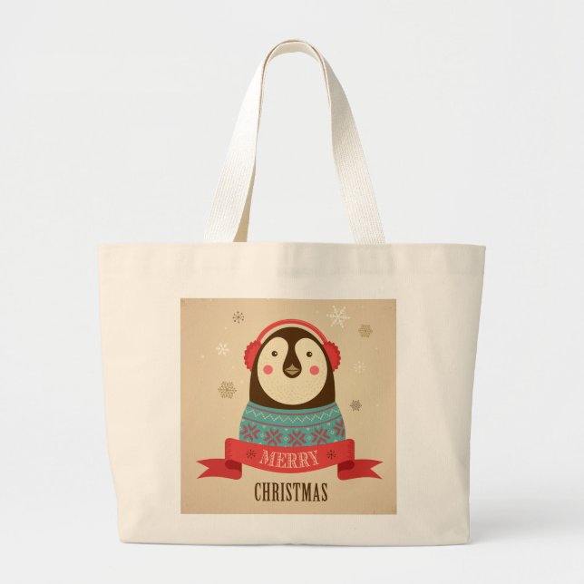 Merry Christmas Penguin Large Tote Bag (Front)